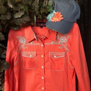 ROAR western turquoise and peach. rhinestone center in matching cap Large